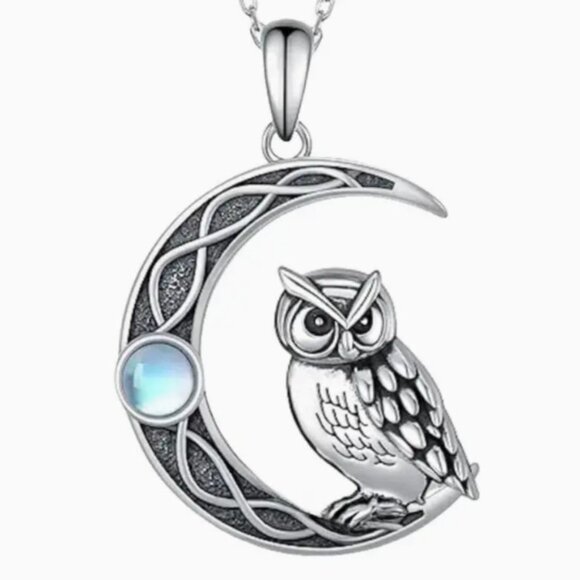 Jewelry - Owl & Crescent Moon with Jewel Pendant Necklace Silver Tone